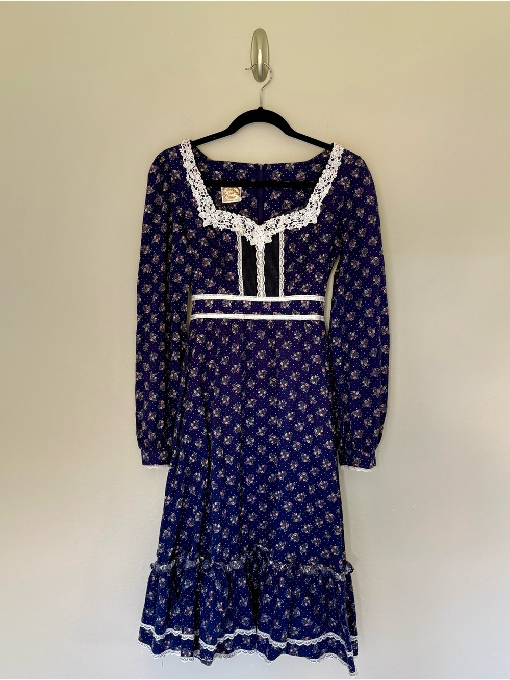 Vintage 70s Gunne Sax Navy Long Sleeve Calico Prairie Cottagecore Dress Est. 9